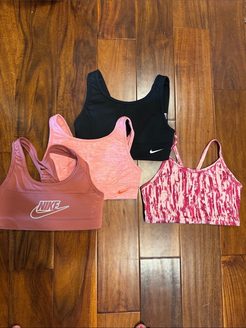 Nike Girls' Sports Bra Set - Black, Pink, Rose, Patterned Pink. Size Small 10/12